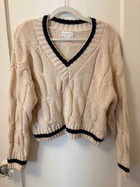 APRICOT Cream Cable-Knit V-Neck Sweater with Black Trim